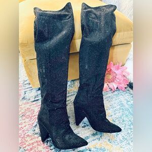 Black Rhinestone Over The Knee Thigh High Pull On Boots Triangle Heel 10